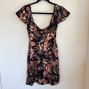 Free People Dress Black Orange Floral Front tie Cut Out Zip Short Sleeve Sz 21